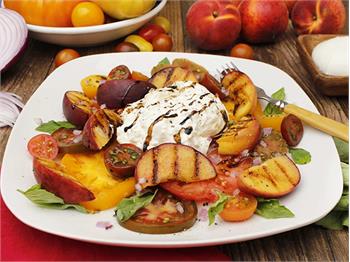 Grilled Peach & Heirloom Tomato Salad with Burrata