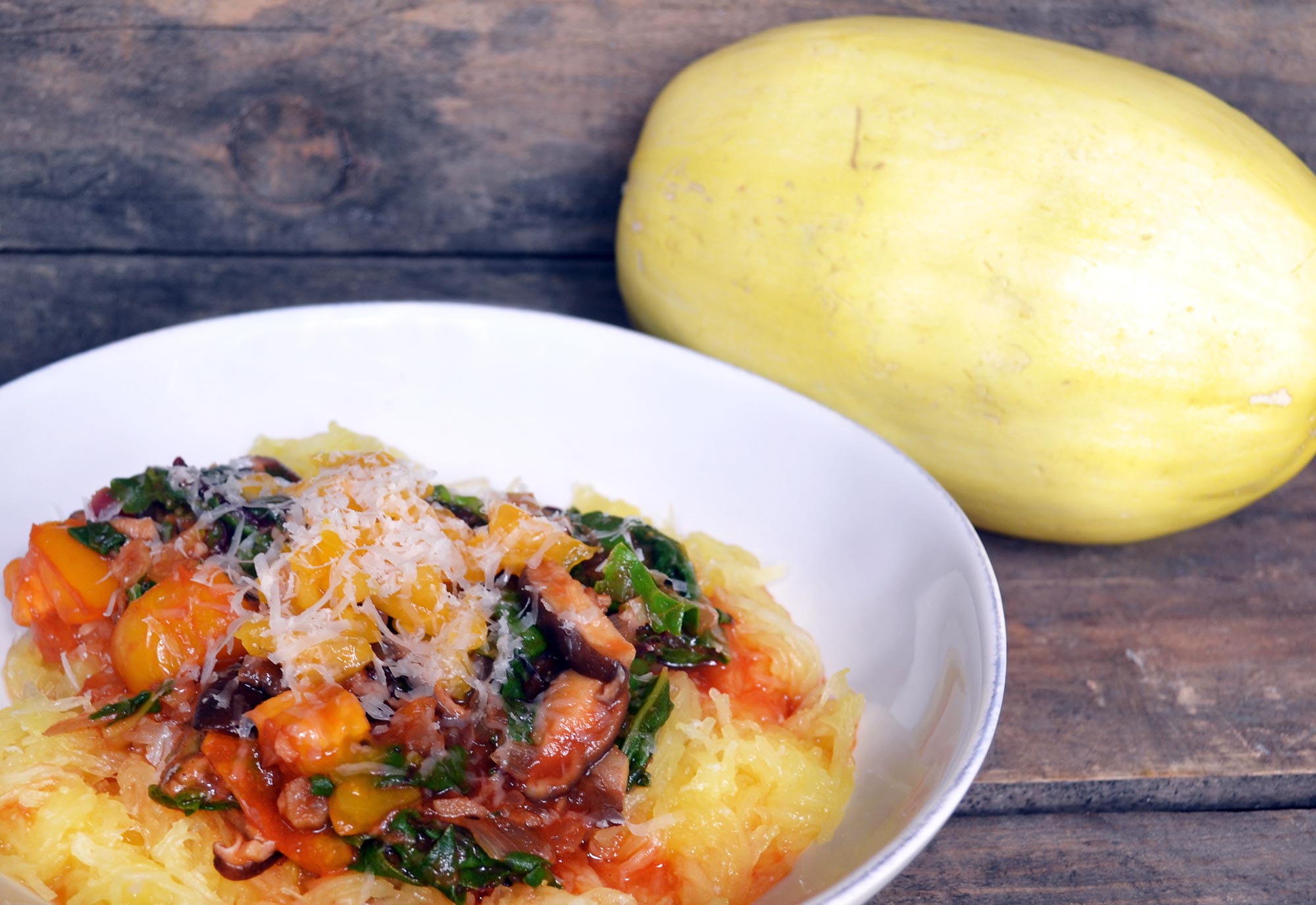 Spaghetti Squash with Shiitakes, Tomato Sauce and Chard