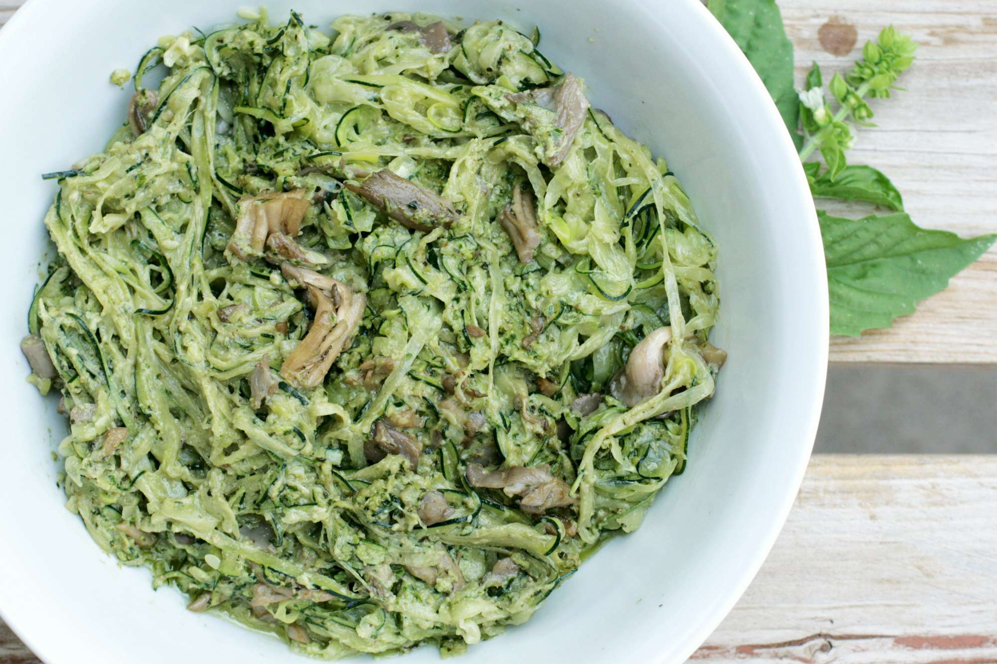 Zoodles with Mushrooms and Basil Walnut Pesto