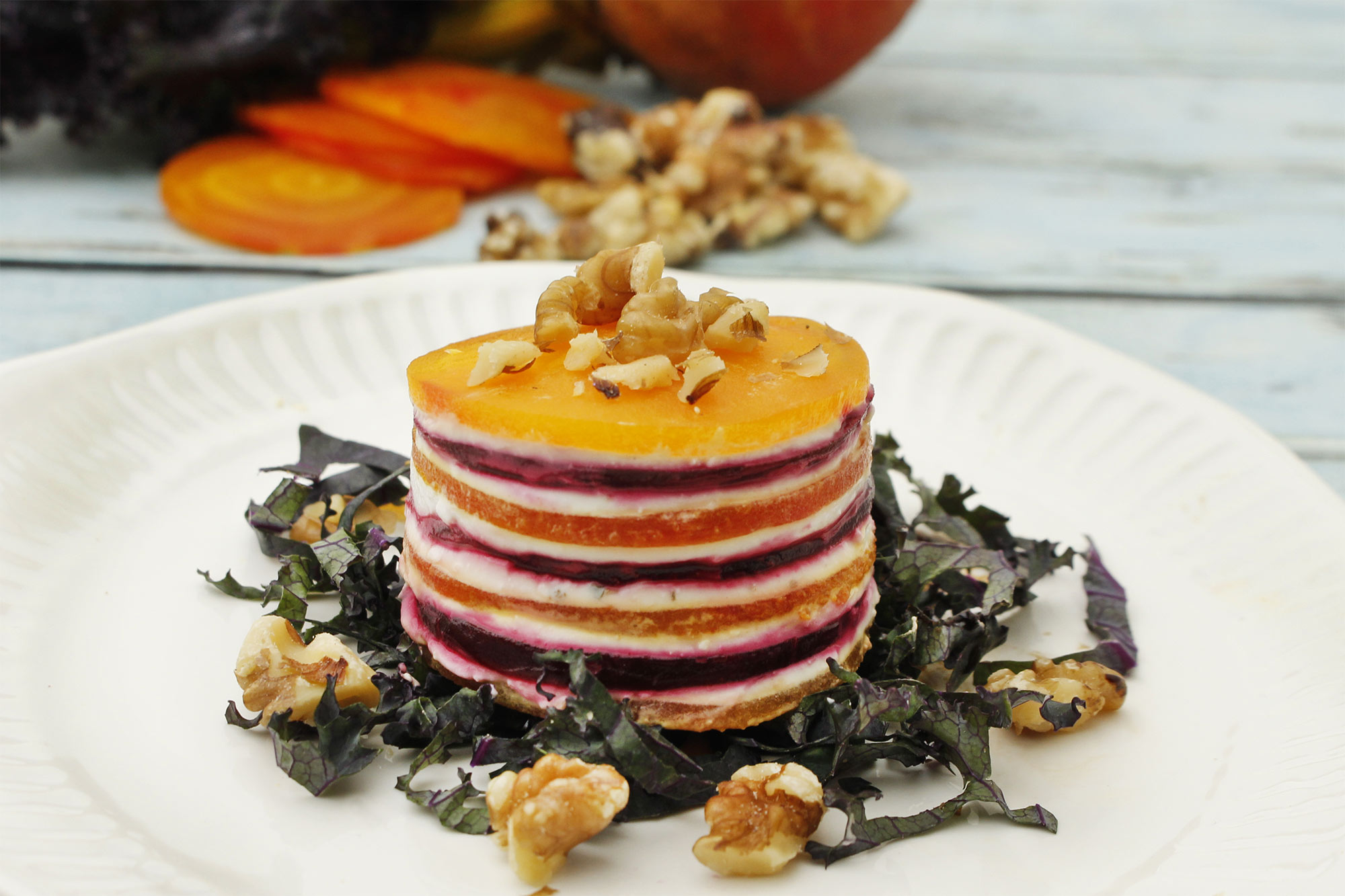 Beet Napoleon with Goat Cheese, Beet Greens and Walnuts