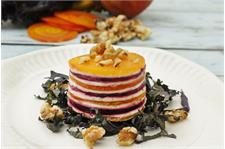 Beet Napoleon with Goat Cheese, Beet Greens and Walnuts