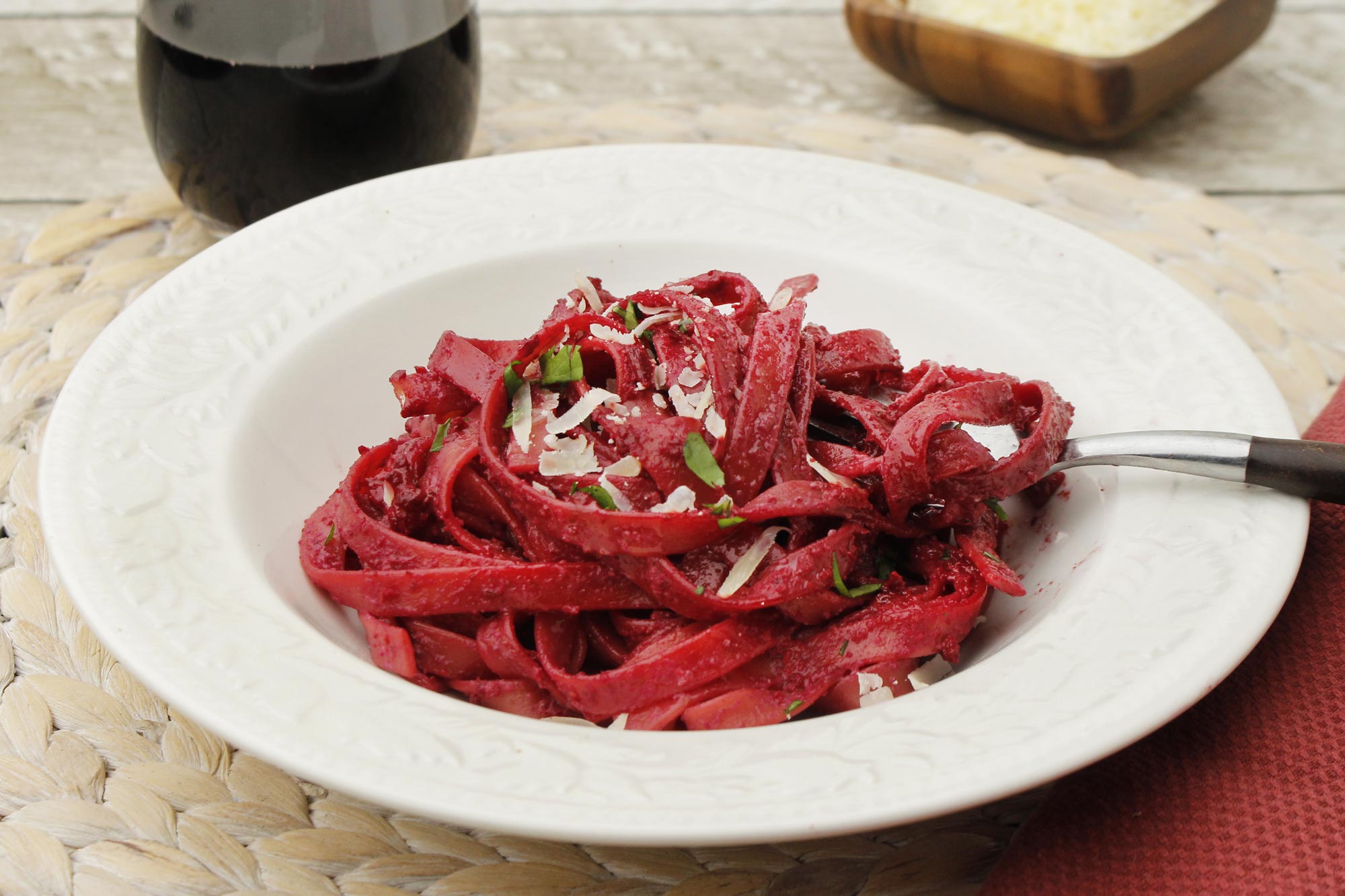 Roasted Beet and Garlic Pesto Fettuccine 