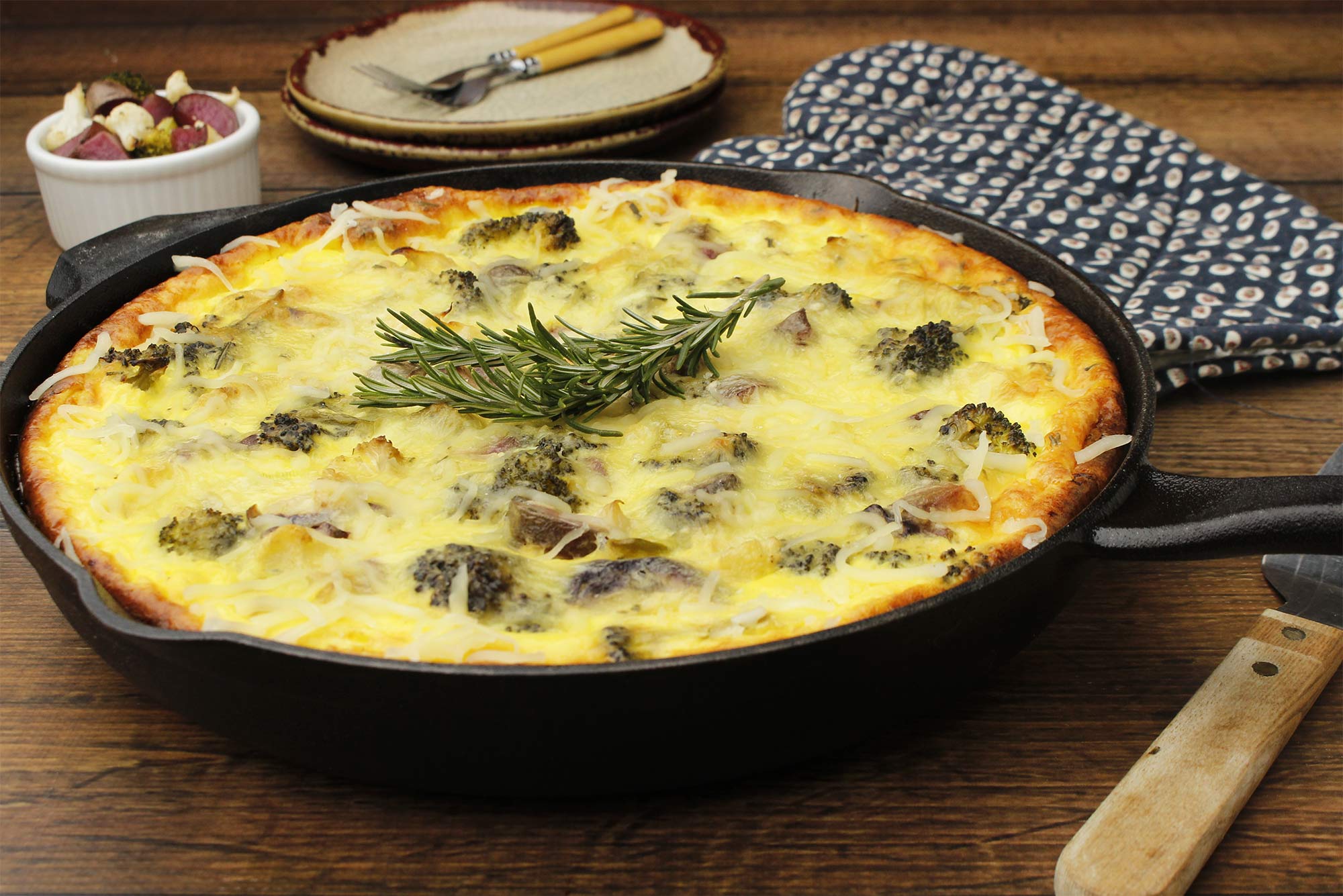 Roasted Cauliflower, Broccoli and Potato Skillet Quiche