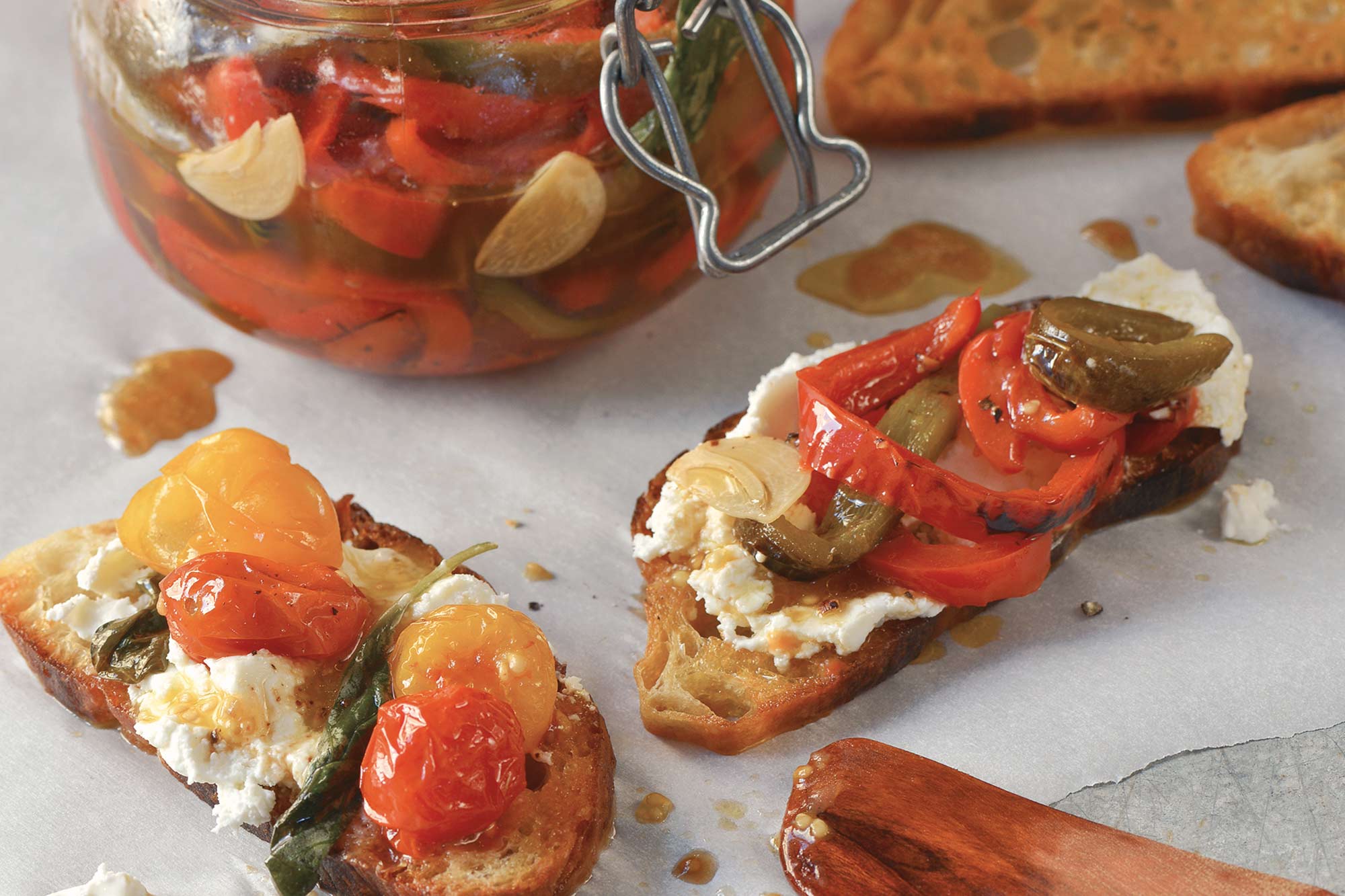 Marinated Basil and Garlic Peppers on Goat Cheese Tartines