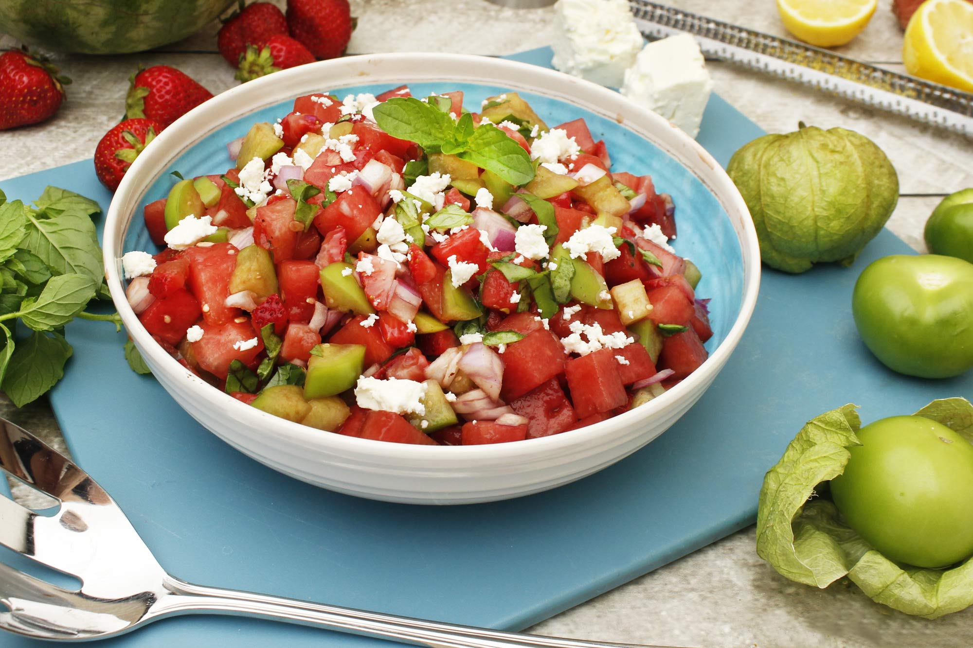 Tomatillo Salad with Watermelon and Strawberry