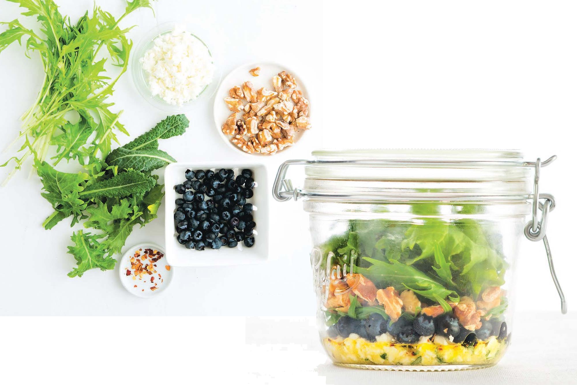 Greens, Blueberries, Feta and Walnuts (Salad In A Jar)