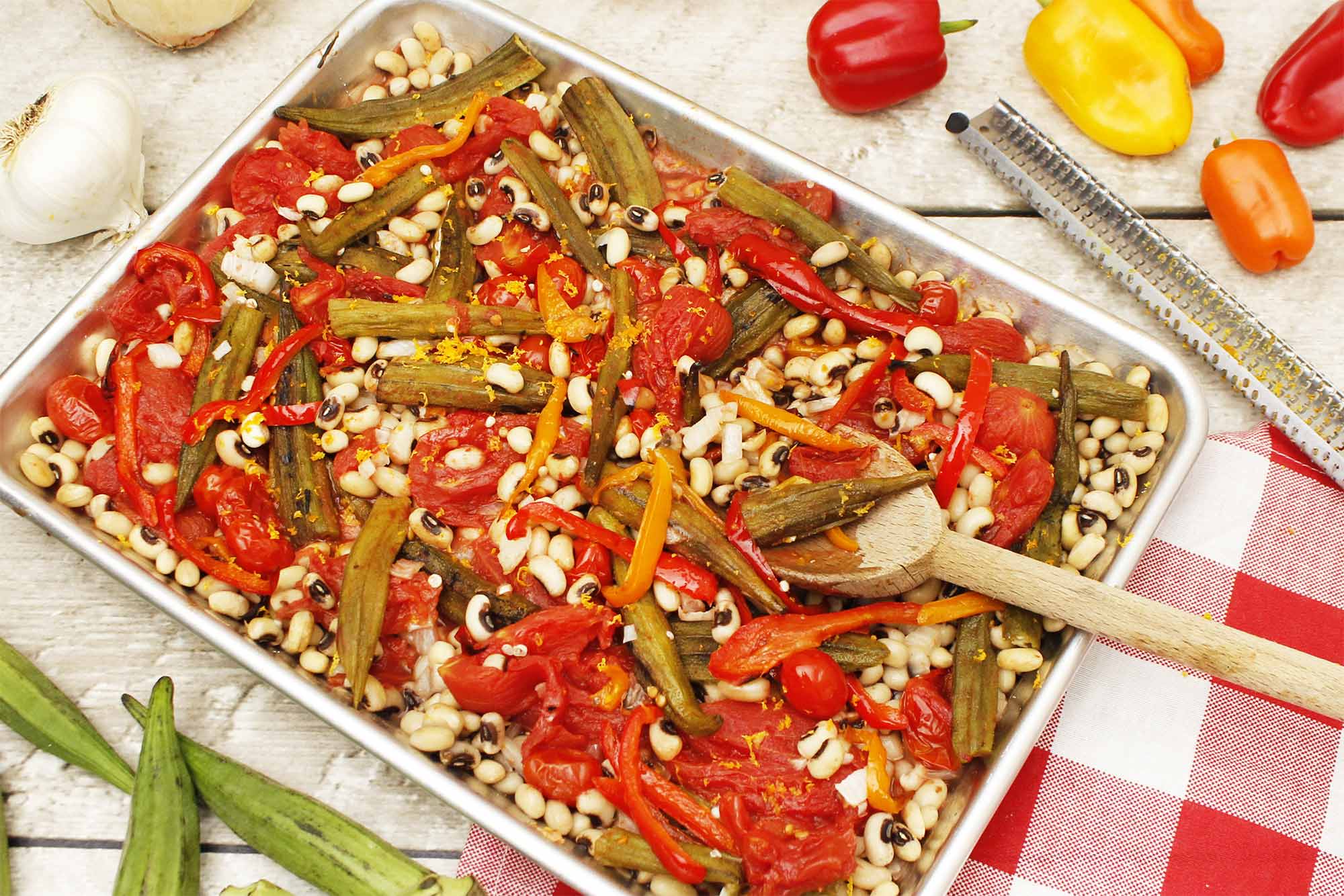 One Pan Roasted Okra, Black Eyed Peas and Tomatoes