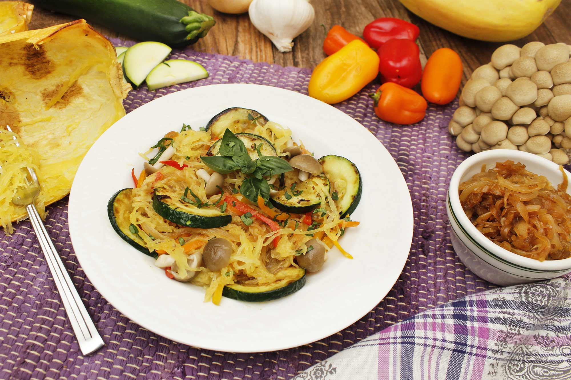 Spaghetti Squash with Caramelized Onions and Zucchini