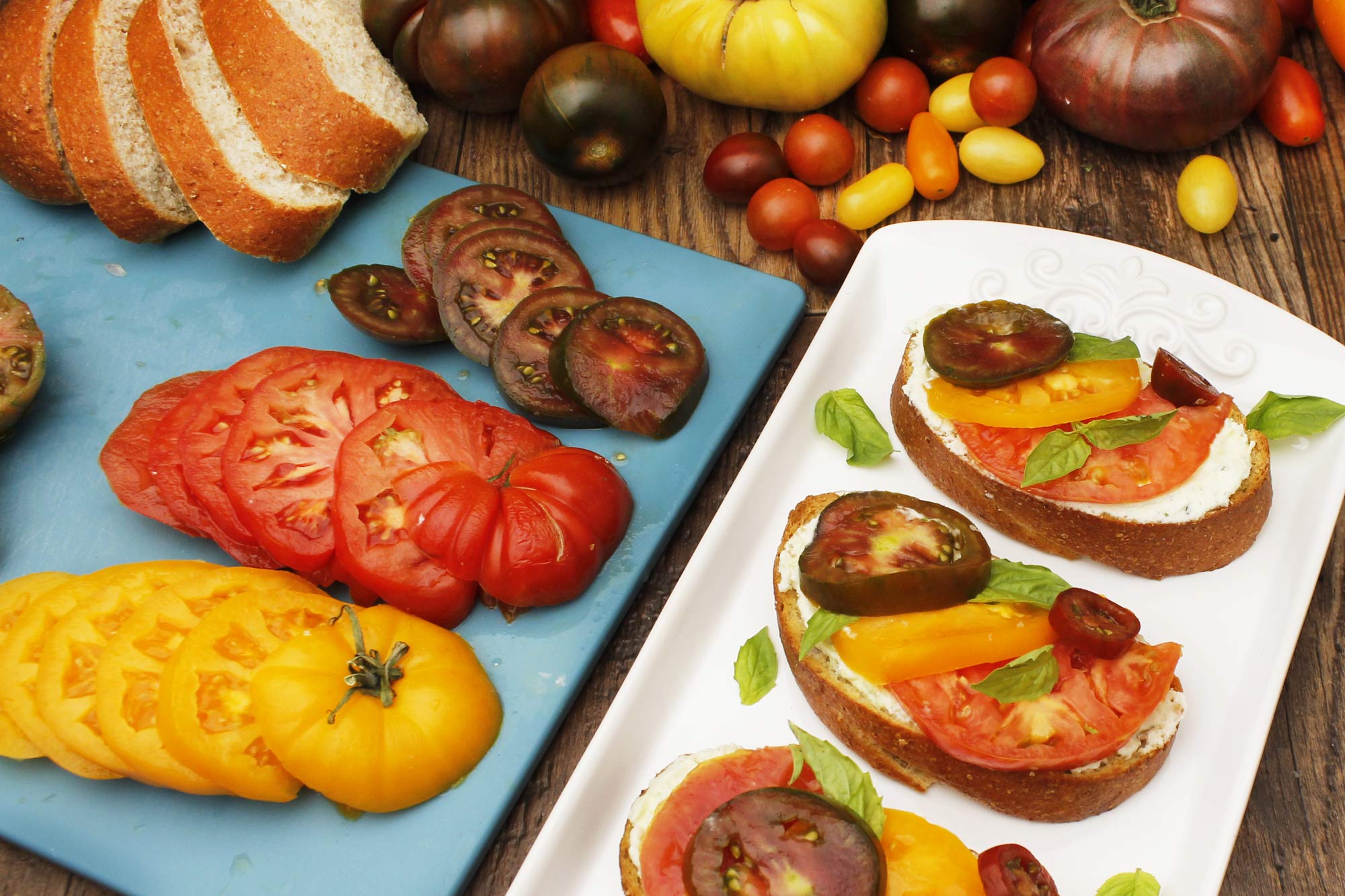 Heirloom Tomato Garlic Toast with Basil Whipped Feta