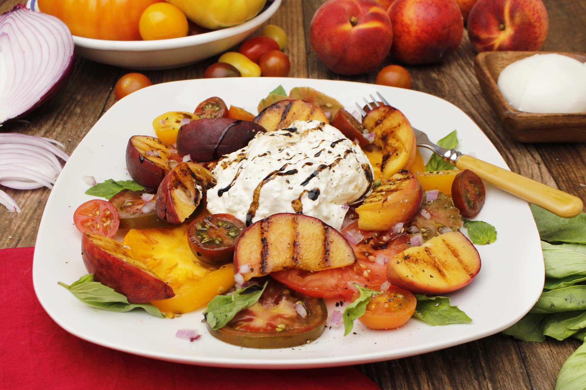 Grilled Peach & Heirloom Tomato Salad with Burrata 